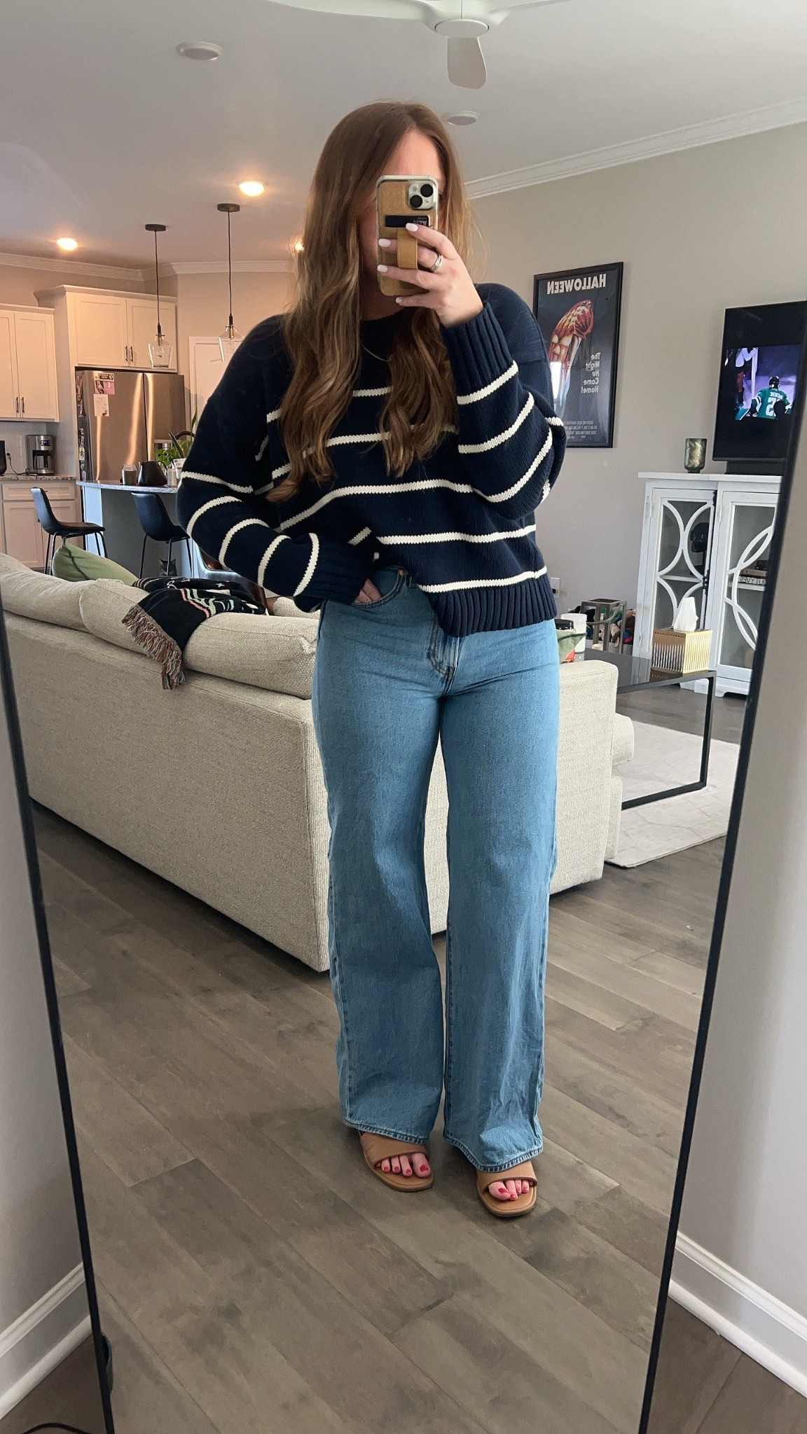 Navy striped sweater - tts wearing a medium 
Wide leg jeans - tts wearing a 29

#LTKgrwm #LTKootd #LTKdayinmylife