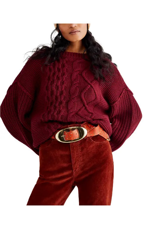 Free People Dream Cable Crewneck Sweater in Cabernet at Nordstrom, Size Large | Nordstrom