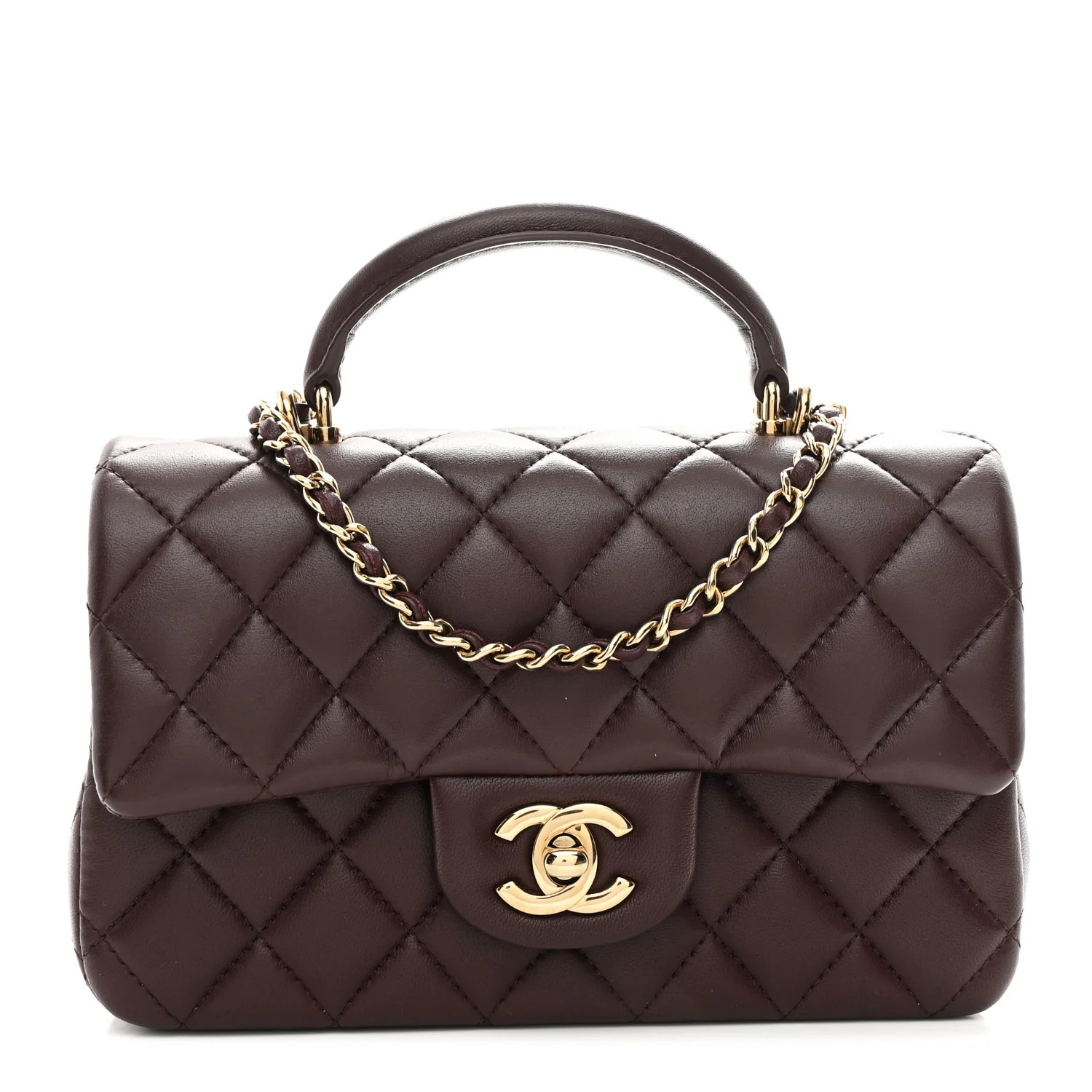 Lambskin Quilted Mini Top Handle Rectangular Flap Dark Brown | FASHIONPHILE (US)