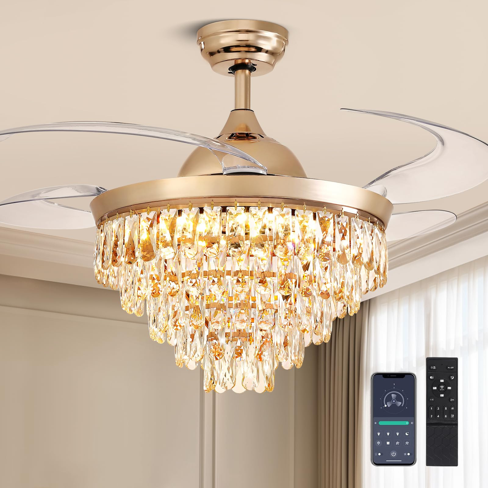 CROSSIO 48" Crystal Ceiling Fans with Lights and Remote, Dimmable, 6 Speeds, Luxury Chandelier Fa... | Amazon (US)