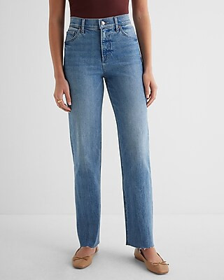 High Waisted Medium Wash Raw Hem Modern Straight Jeans | Express