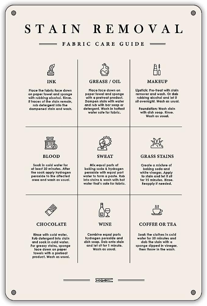 QIONGQI Funny Laundry Stain Removal Fabric Care Guide Metal Tin Sign Wall Decor Laundry Sign for ... | Amazon (US)