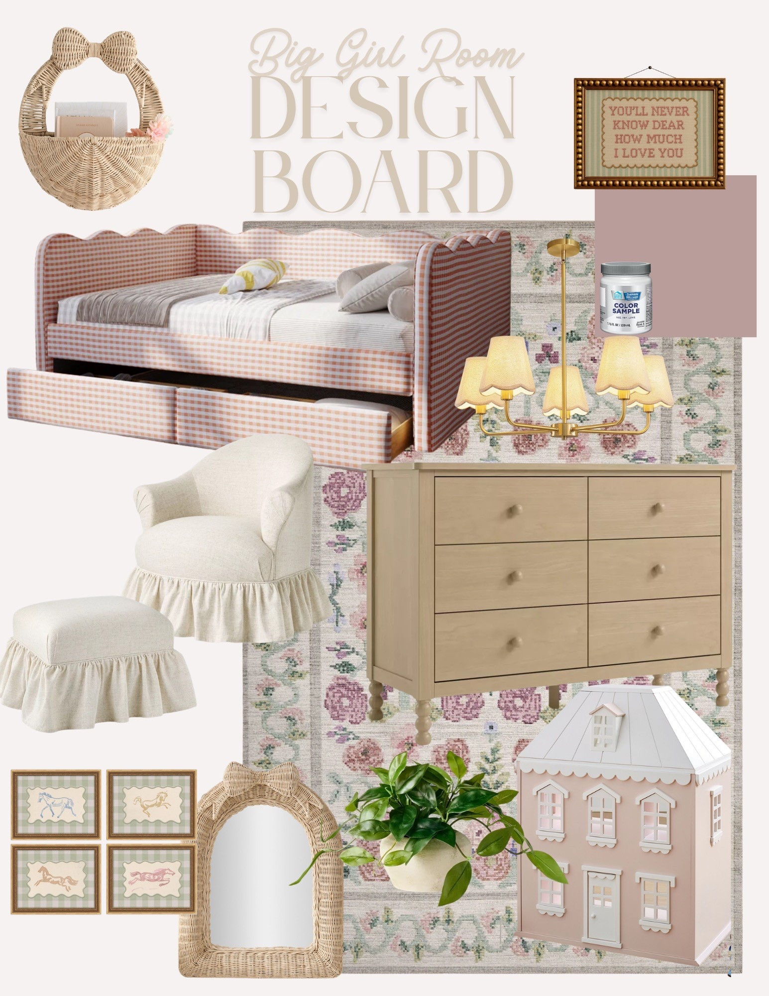 big girl room design board. also some great options for a little girl nursery. I love the mix of mauve and green #interiorstyling #interiordesign #homedesign #potterybarn