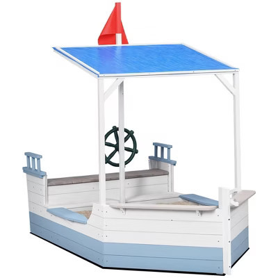 Outsunny Kids Sandbox with Canopy, Wooden Sandbox Backyard Toy, Pirate Ship Sandbox for Up to 4 Kids, Outdoor Activity Boat Toy, 82.75" x 43.25", Blue | Target