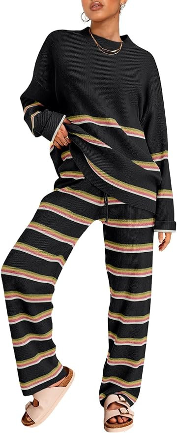 LILLUSORY 2 Piece Sets for Women 2025 Fall Outfits Two Piece Lounge Sets Sweatsuits Striped Knit ... | Amazon (US)