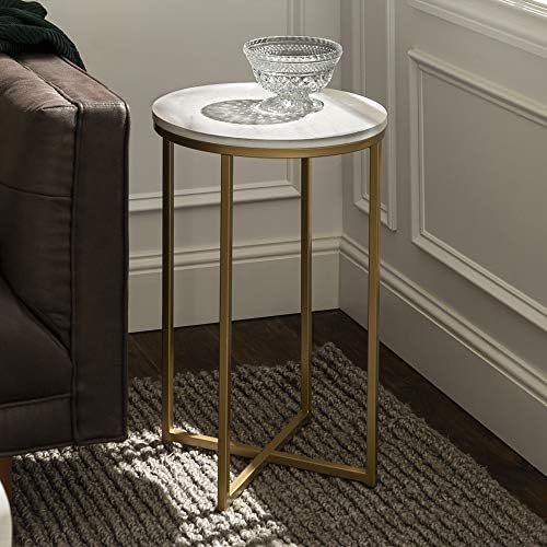 Walker Edison Cora Modern Faux Marble Round Accent Table with X Base, 16 Inch, Marble and Gold | Amazon (US)