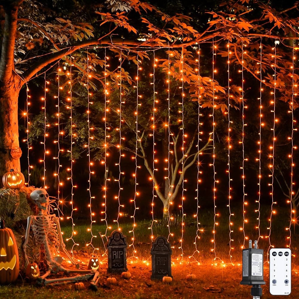 JMEXSUSS 300LED Orange Halloween Lights with Remote, 9.8x9.8ft Halloween Curtain Light, 8 Modes O... | Amazon (US)