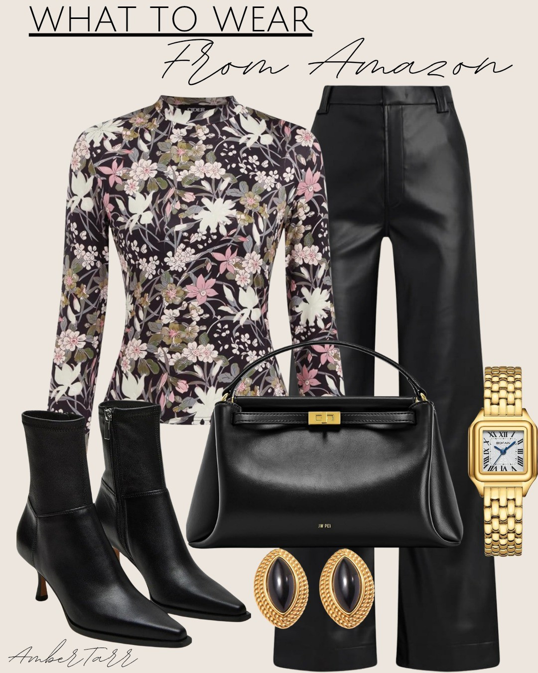 Date night winter outfit featuring faux leather trousers styled with a fitted floral long sleeve top, black ankle boots, and a structured black handbag. Finished with gold accessories for a polished, elevated winter look that’s chic, feminine, and effortless.

#LTKgrwm #LTKootd #LTKOver40
