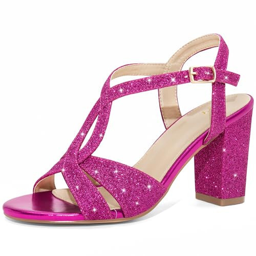 Perphy Glitter Sparkly Heels Crisscross Strap Chunky Heel Hot Pink Sandals for Women 9 M US | Amazon (US)