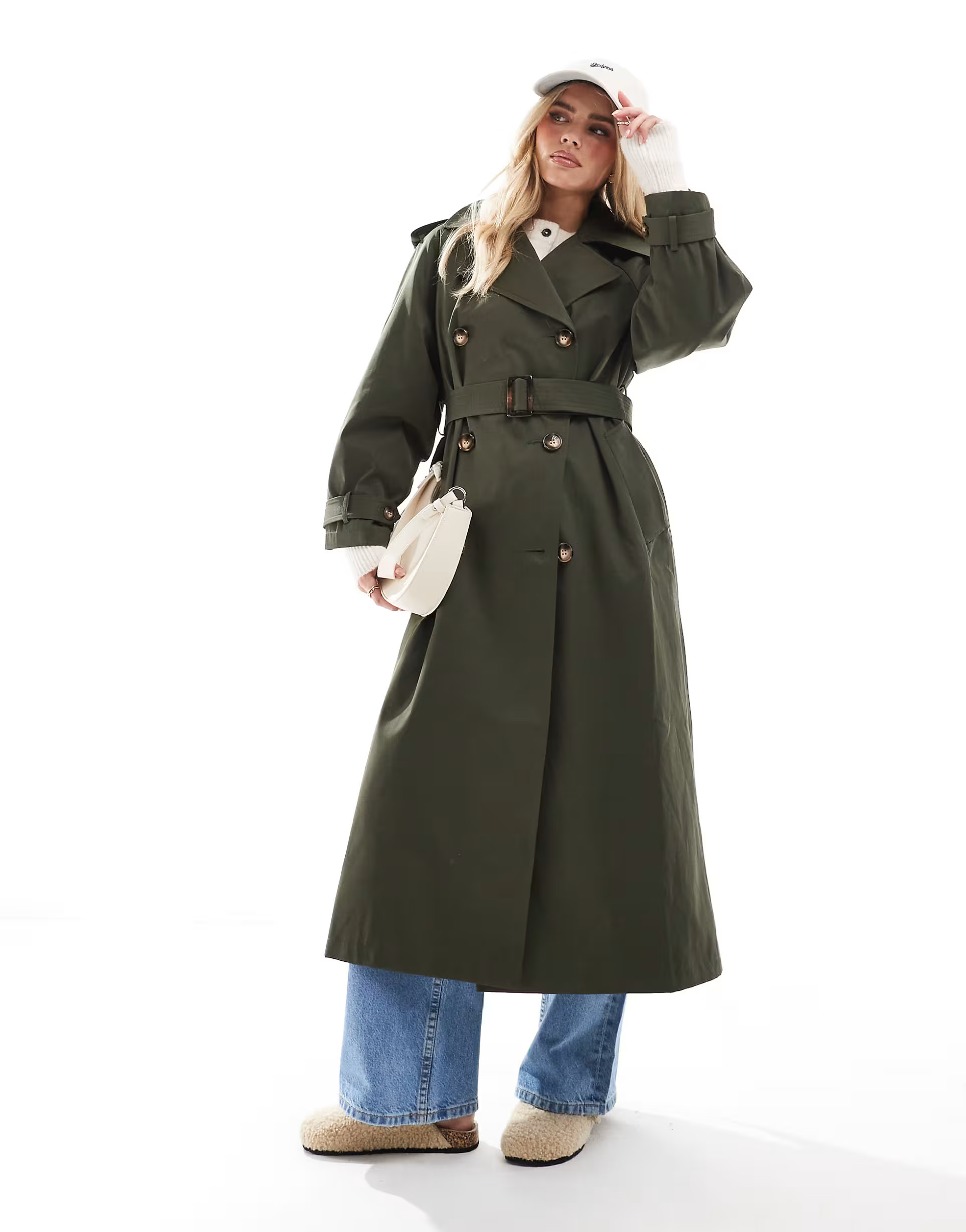 Miss Selfridge Petite belted trench coat in khaki | ASOS (Global)
