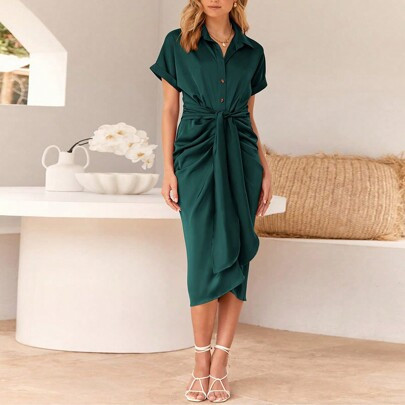 Women's Satin SIlky Button Down Ruched Shirt Dresses Short Sleeve Lapel V-Neck Belted Dress Elegant Spring Summer Wedding Evening Long Midi Dress | SHEIN