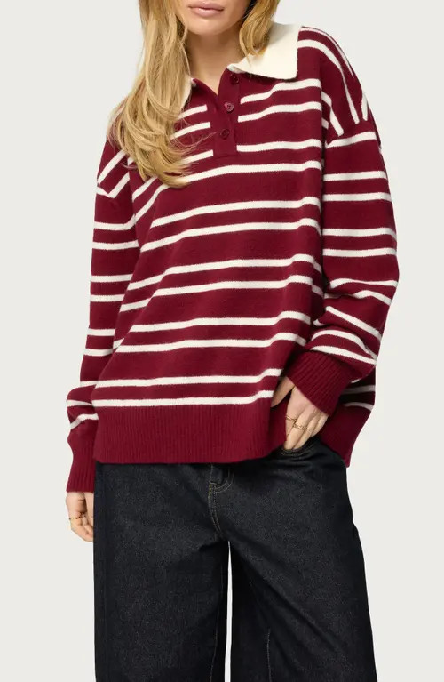 EDIKTED Rilynn Stripe Sweater Polo in Burgundy-And-White at Nordstrom, Size X-Small | Nordstrom