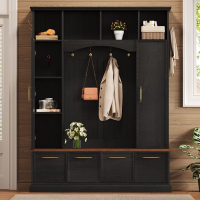 Polibi 4-IN-1 Hall Tree with Adjustable Shelves, Entryway Bench, Golden Hooks & Handles, Black | Target