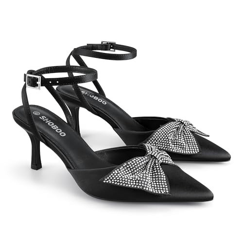 SHOBOO Closed Toe Butterfly Bow Heels Womens Pointed Kitten Pumps Stiletto Ankle Strappy Rhinestone Prom Party Wedding Dress Shoes Black | Amazon (US)
