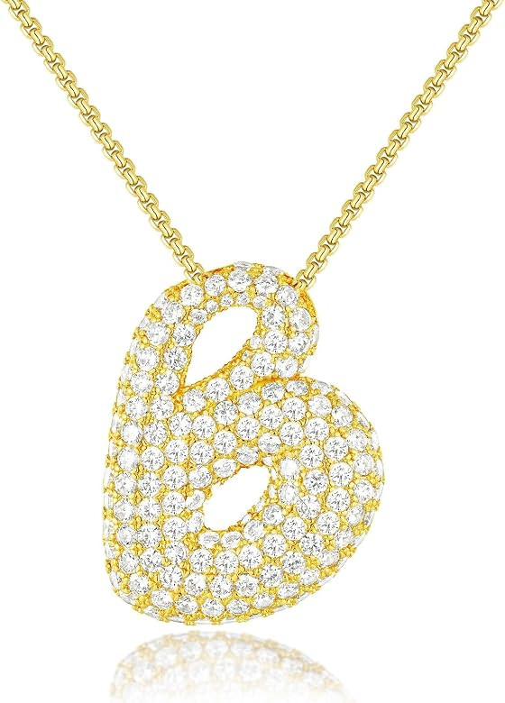 Bubble Letter Necklace, 14k Gold/Silver Balloon Initial Diamond Pendant Chain Necklace Dainty Pav... | Amazon (US)