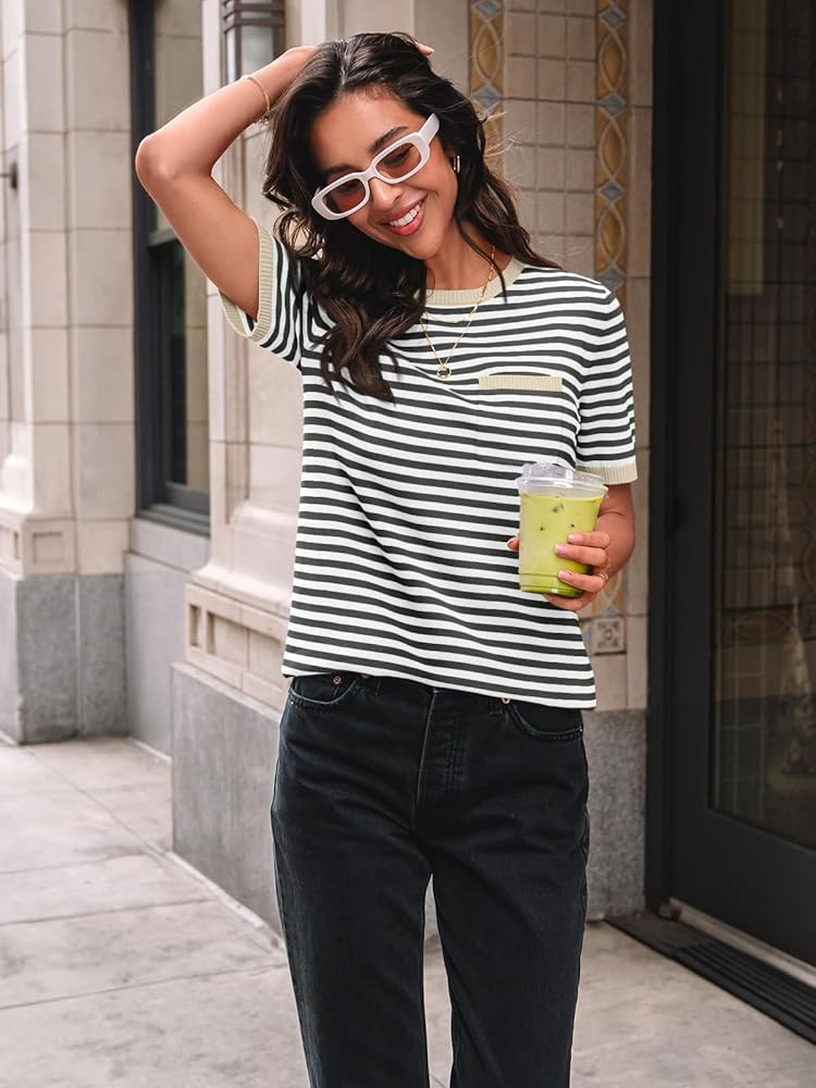 LILLUSORY Womens Striped Short Sleeve Sweater Pullover Shirts with Chest Pocket | Amazon (US)