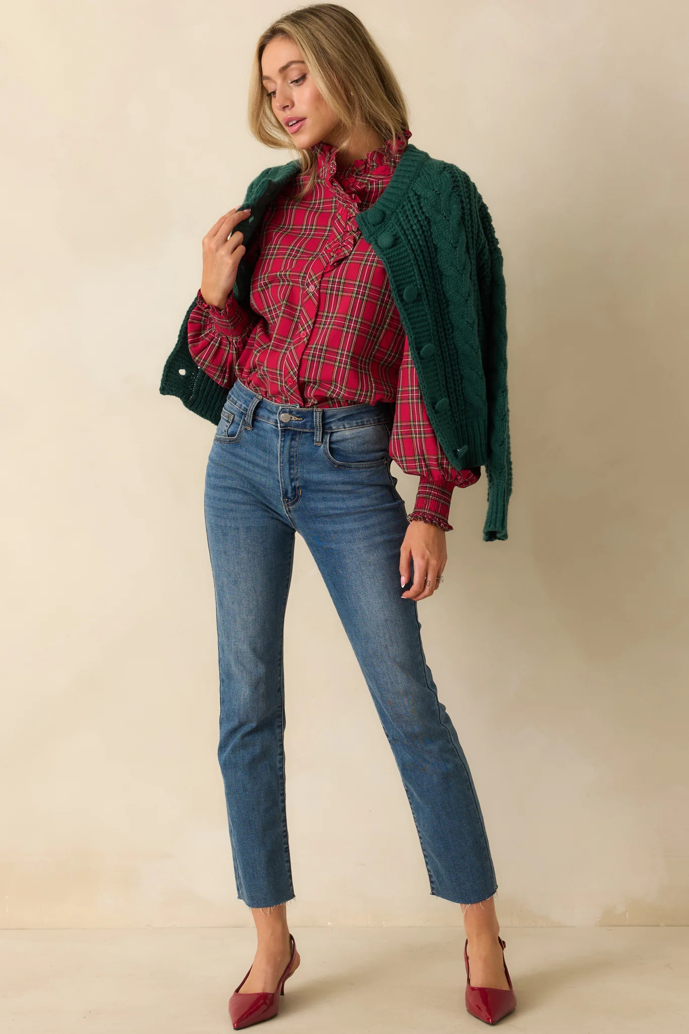 Festive Feeling Red Plaid Cotton Ruffle Neck Button Up Blouse | Red Dress
