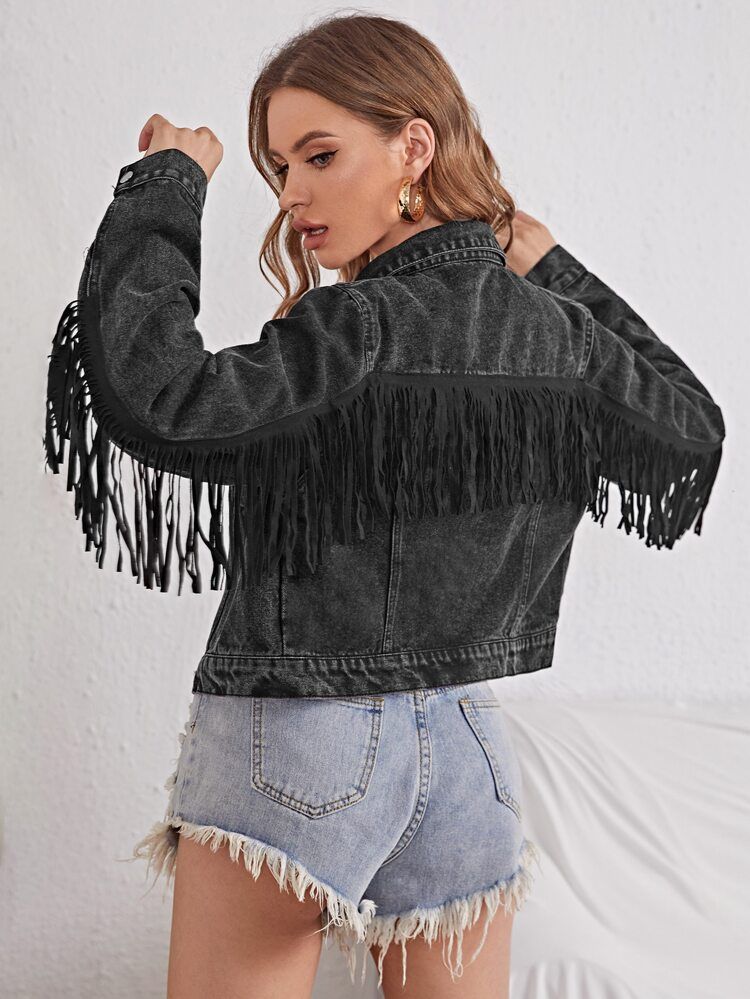 Flap Detail Fringe Trim Crop Denim Jacket | SHEIN