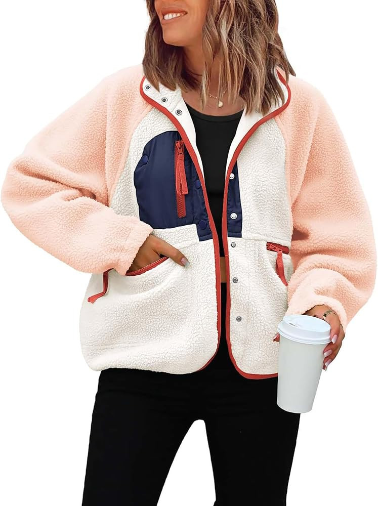 ReachMe Womens Sherpa Jacket Casual Lapel Button Down Cropped Fuzzy Fleece Jackets Long Sleeve Wi... | Amazon (US)