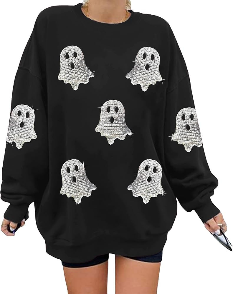 Halloween Sweatshirts for Women Sequin Ghost Long Sleeve Shirt Oversized Spooky Season Pullover T... | Amazon (US)