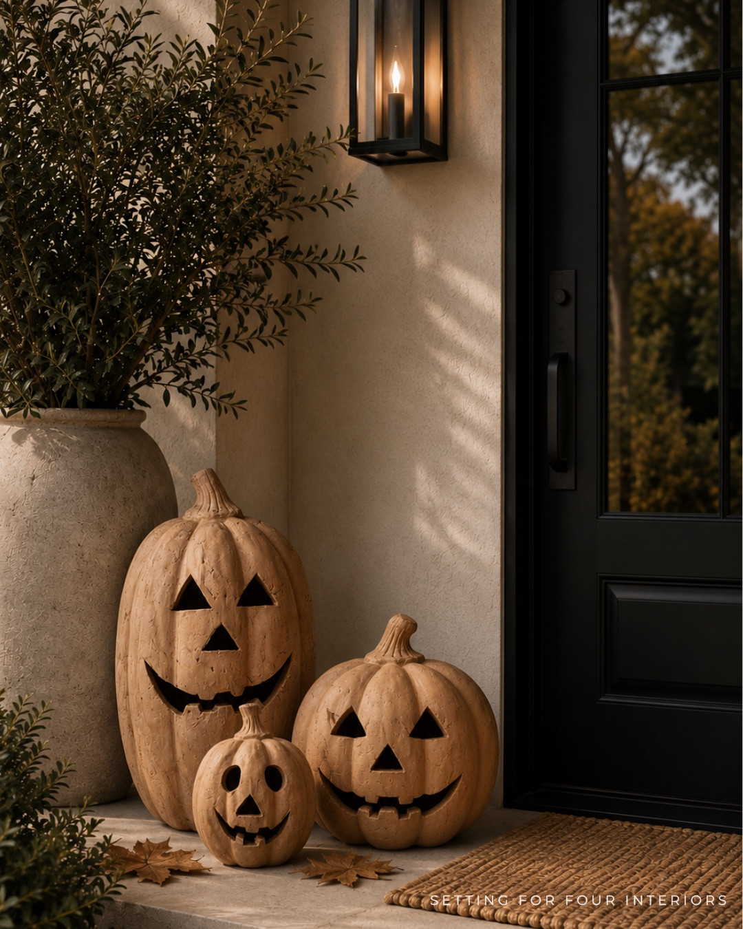 Elevated and cozy Halloween porch decor ideas- curb appeal. Terracotta pumpkin, planter, olive tree, exterior light, wall sconces, amber, front door wreath, greenery, Restoration Hardware style, minimalist, organic modern, transitional, earthy, moody, Amazon home

#LTKfall #LTKhome #LTKsale