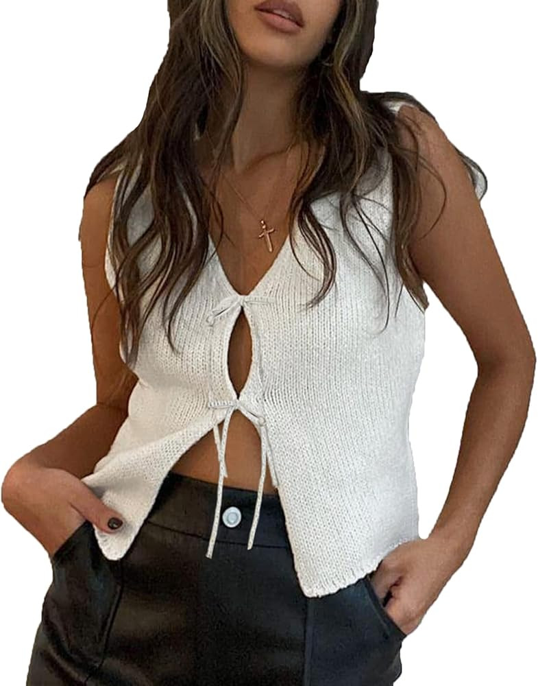 Women Crochet Knit Vest Top Tie Front Y2k V Neck Sleeveless Shirt Cute Summer Going Out Tops Stre... | Amazon (US)