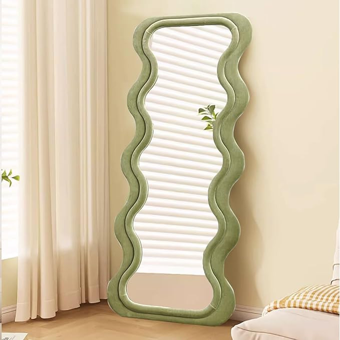 Irregular Full Length Mirror, 63" x 24", Flannel Wrapped Wooden Frame, Irregular Wavy Wall Mirror... | Amazon (US)