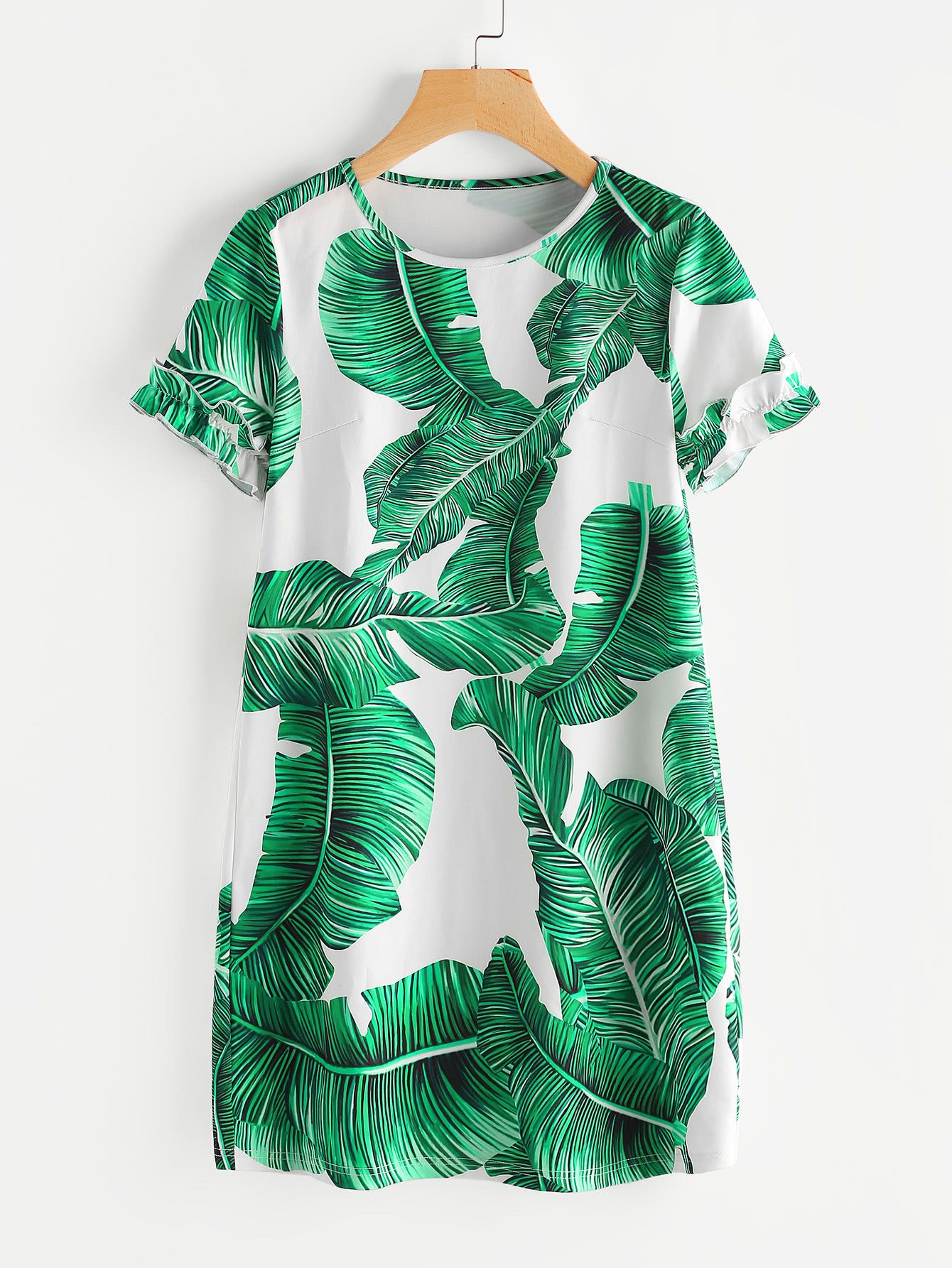Palm Leaf Print Frilled Sleeve Dress | ROMWE