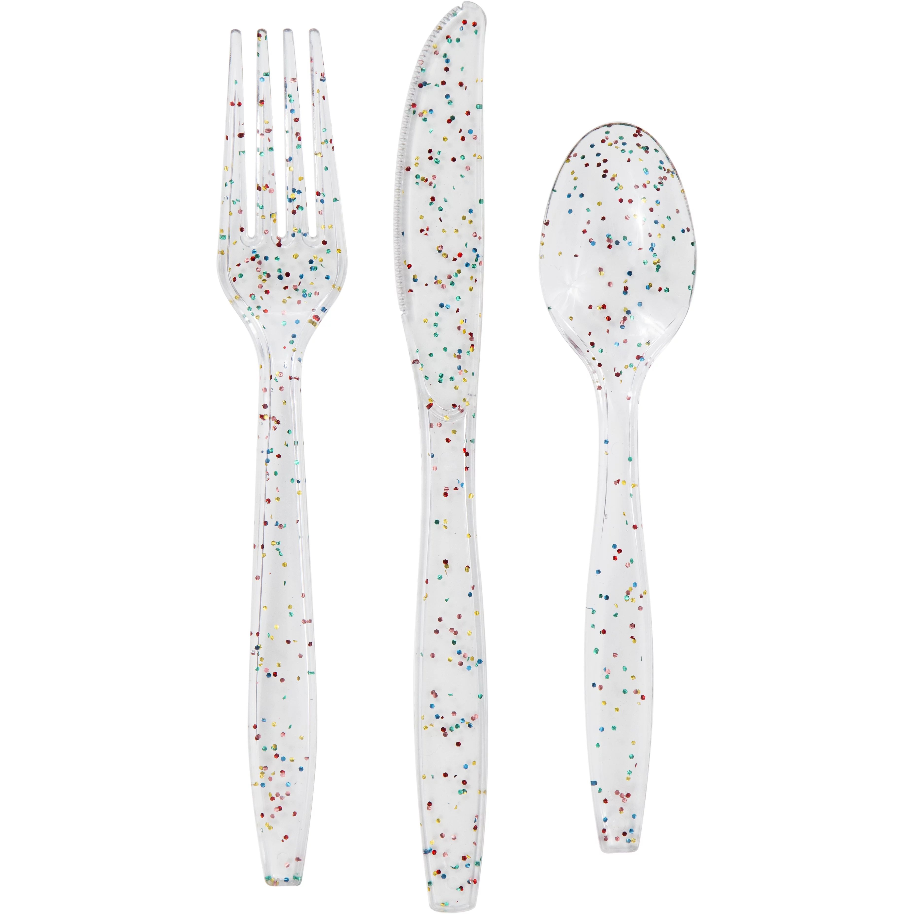 Way to Celebrate Multicolor Rainbow Glitter Plastic Disposable Cutlery Set 24 Ct. All Occasion | Walmart (US)