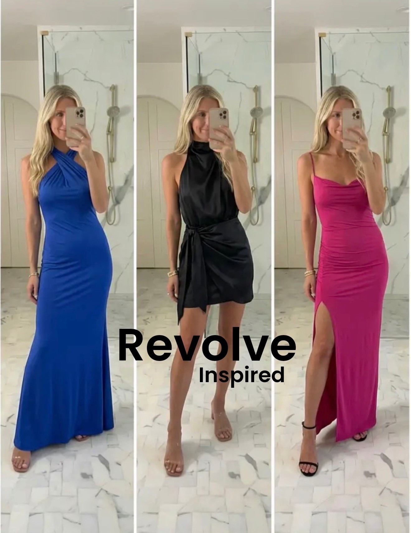 A sleek, modern bathroom mirror-selfie collage featuring three elegant evening dresses worn by the same woman. Soft neutral lighting, white marble flooring, minimalist spa-inspired background. Look 1: cobalt blue floor-length gown with asymmetrical halter neckline and body-skimming silhouette, timeless and refined. Look 2: black halter-neck mini dress with wrap tie detail and subtle draping, chic and sophisticated cocktail style. Look 3: deep pink fitted maxi dress with delicate straps and high side slit, feminine and sultry evening look. Polished styling, minimal gold jewelry, neutral heels, cohesive editorial Pinterest layout, high-resolution fashion influencer aesthetic, no text.

Hashtags:
#eveningwear #datenightoutfit #cocktaildress #formalstyle #pinterestfashion #elegantstyle #weddingguestdress #littleblackdress #maxidress #chicstyle #effortlessglam #nightoutlook #fashioninspo #ootdinspo #trendystyle

#LTKGiftGuide #LTKActive #LTKSeasonal
