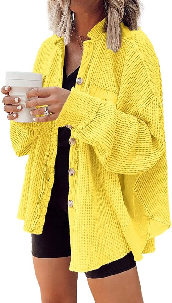 Nirovien Womens Waffle Knit Shirt Jacket Oversized Button Down Shacket Batwing Sleeve Tops with P... | Amazon (US)