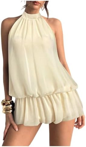 Floerns Women's Y2k Summer Halter Dress Tie Open Back Sleeveless Ruffle Hem Bubble Going Out Mini... | Amazon (US)