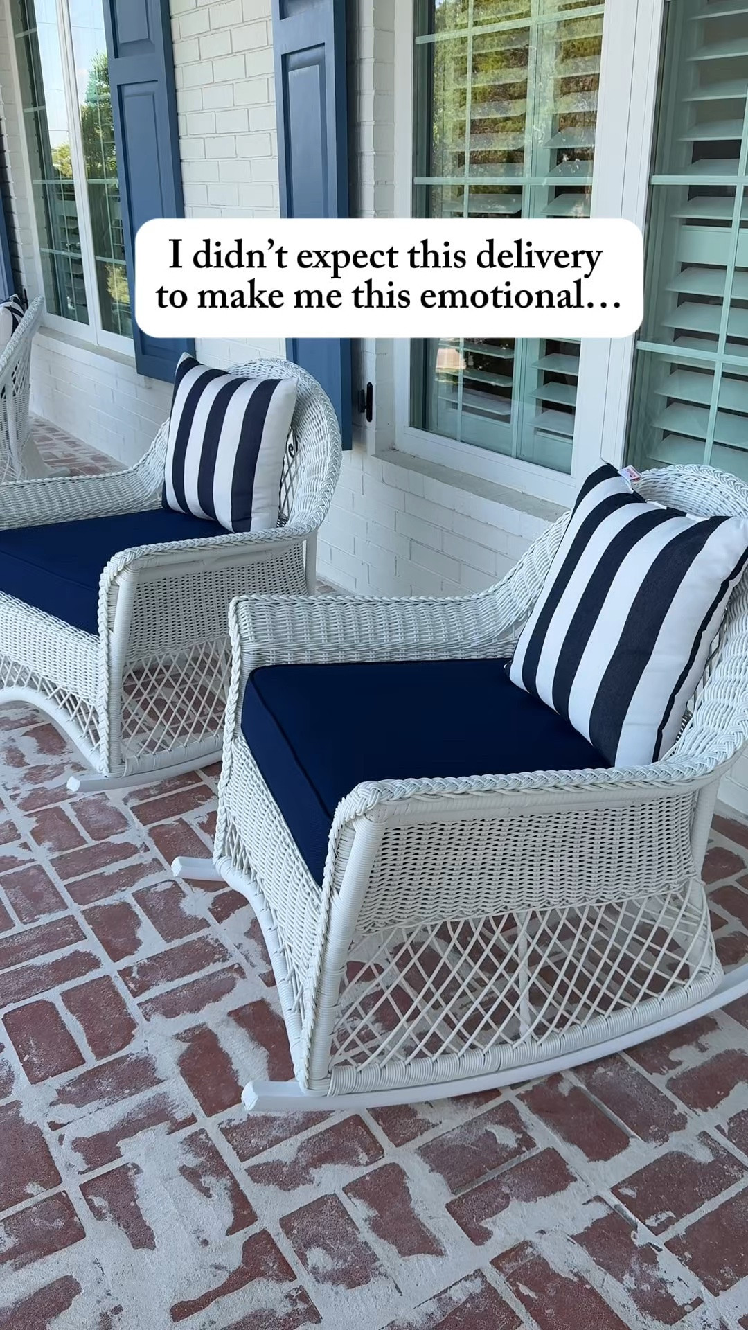 The front porch is finally complete… and it truly feels like the porch of my dreams. These classic rocking chairs with navy cushions and the striped pillows gave us that timeless Southern Charleston look I’ve been envisioning. It’s the perfect spot for slow mornings, evening wine with Steven, and welcoming friends home. If you’re creating a porch that feels collected, cozy, and inviting, these are pieces you’ll love.

#FrontPorchDecor #SouthernStyle #CharlestonStyle #PorchInspiration #OutdoorLiving #RockingChairs #ClassicHomeStyle #TimelessDecor #FrontPorchGoals #LTKHome