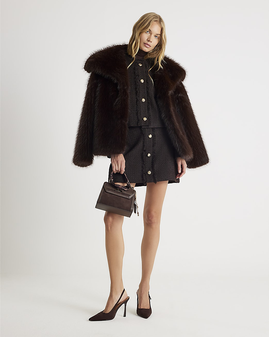 Brown Boucle Button Front Mini Skirt | River Island UK & IE