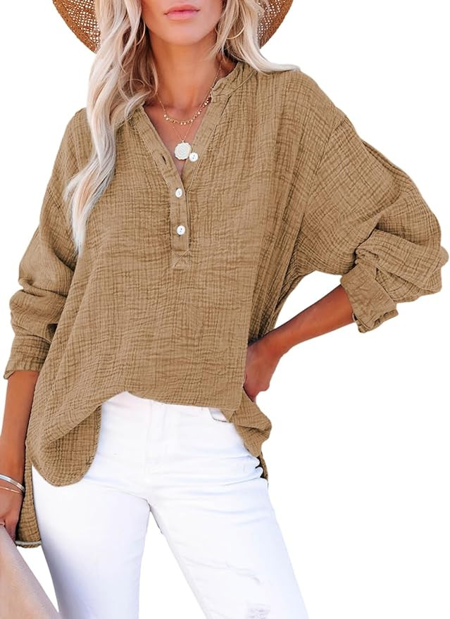 Dokotoo Womens Casual Button V Neck Long Sleeve Shirts Oversized Solid Blouses Tops | Amazon (US)