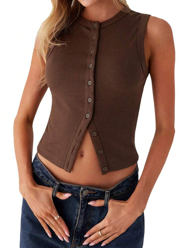 Women Y2k Button Down Crop Tops Casual Summer Solid Color Crop Shirt Knit Ribbed Button Front Lon... | SHEIN