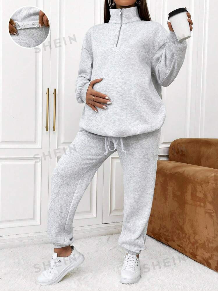 SHEIN Maternity Half Zip Drop Shoulder Sweatshirt & Sweatpants | SHEIN