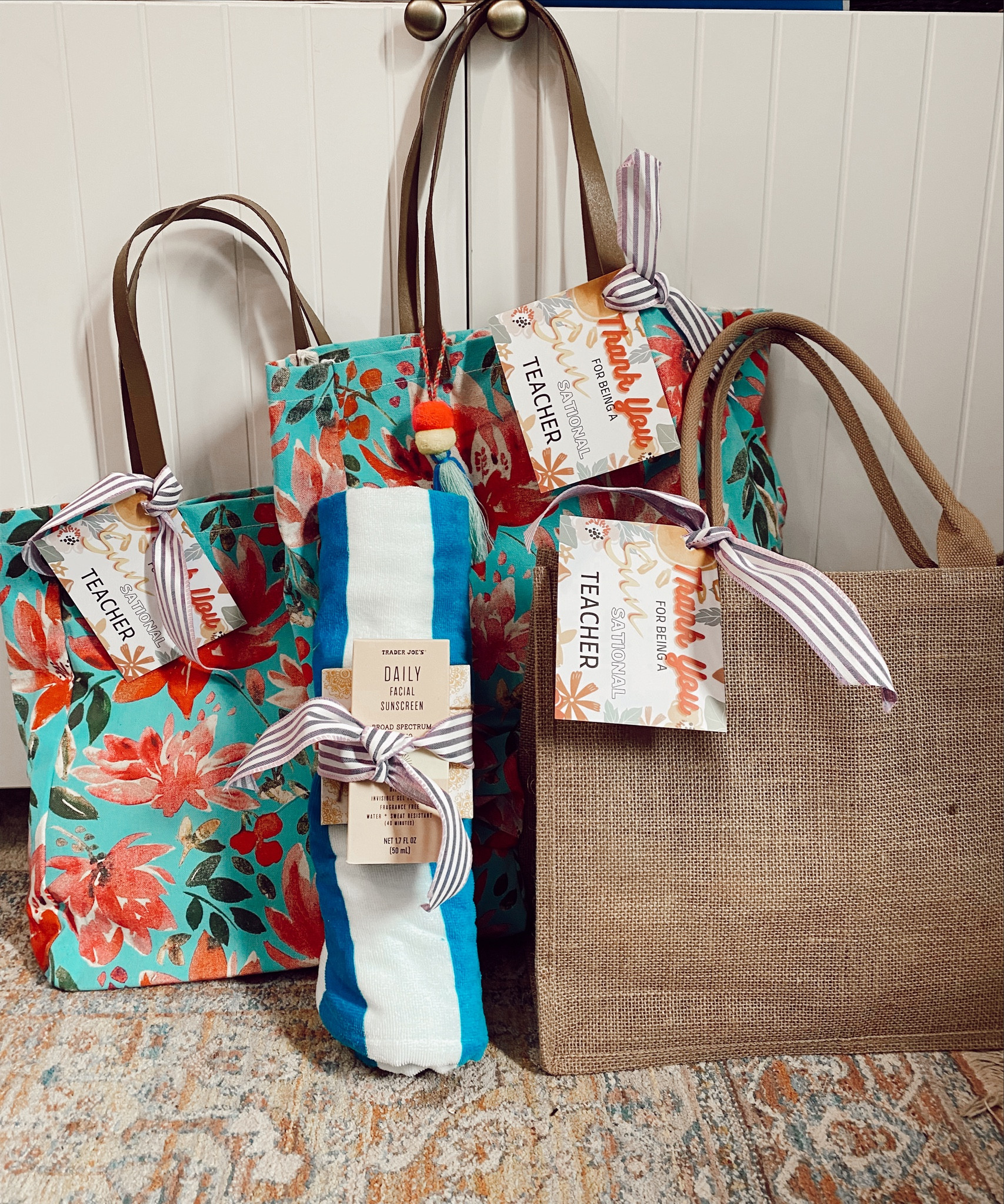 Teacher gift idea for teach appreciation week! I made a “Thank You for being a Sun Sational Teacher” tag and printed it and attached a beach towel, the dupe to the Supergoop sunscreen from Trader Joe’s, an Amazon and Starbucks gift card, and put it in these cute bags.  #tracherappreciation #teachergift #teachergiftunder50

#LTKunder50 #LTKGiftGuide #LTKFind