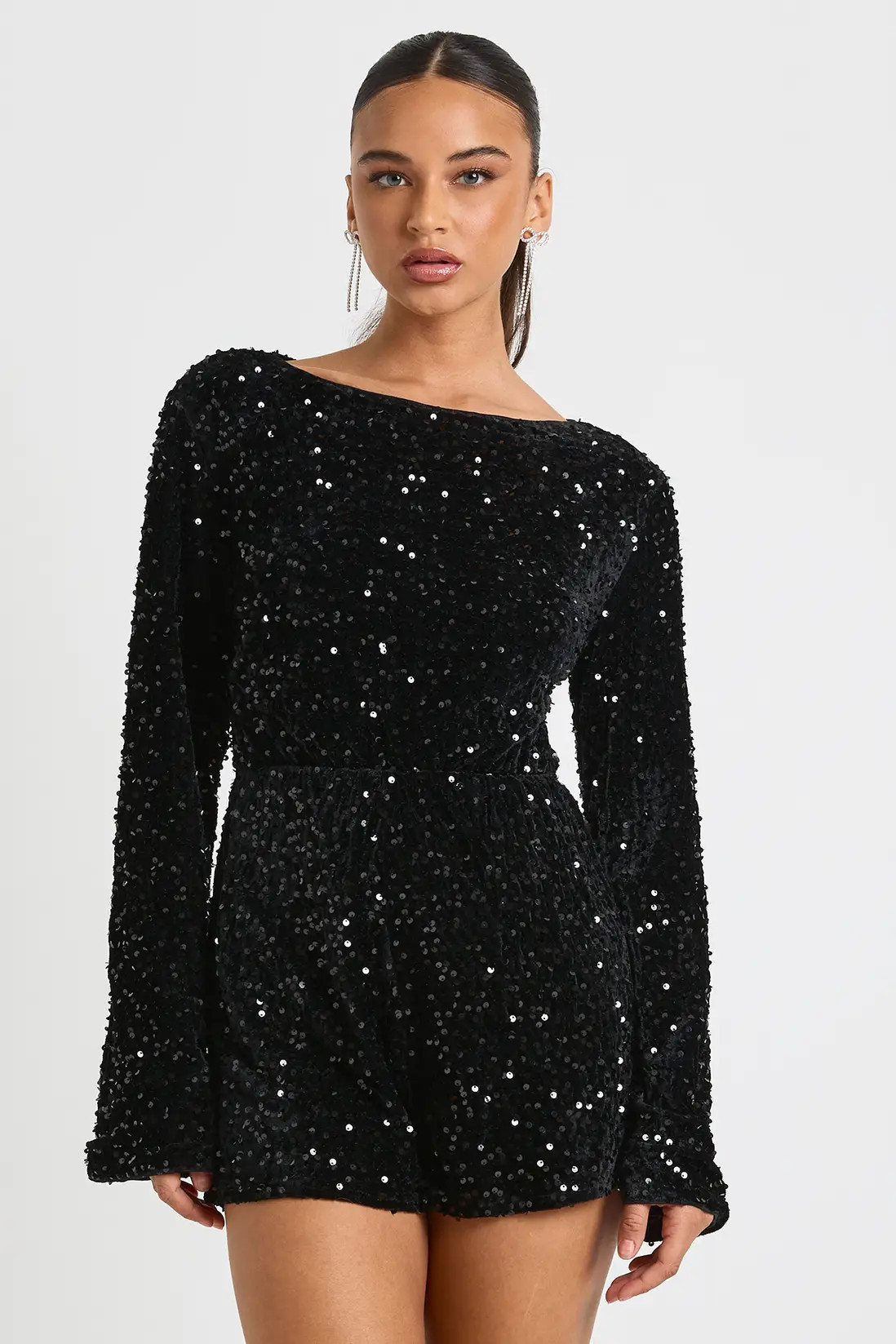Velvet Sequin Flare Sleeve Playsuit | boohoo (US & Canada)