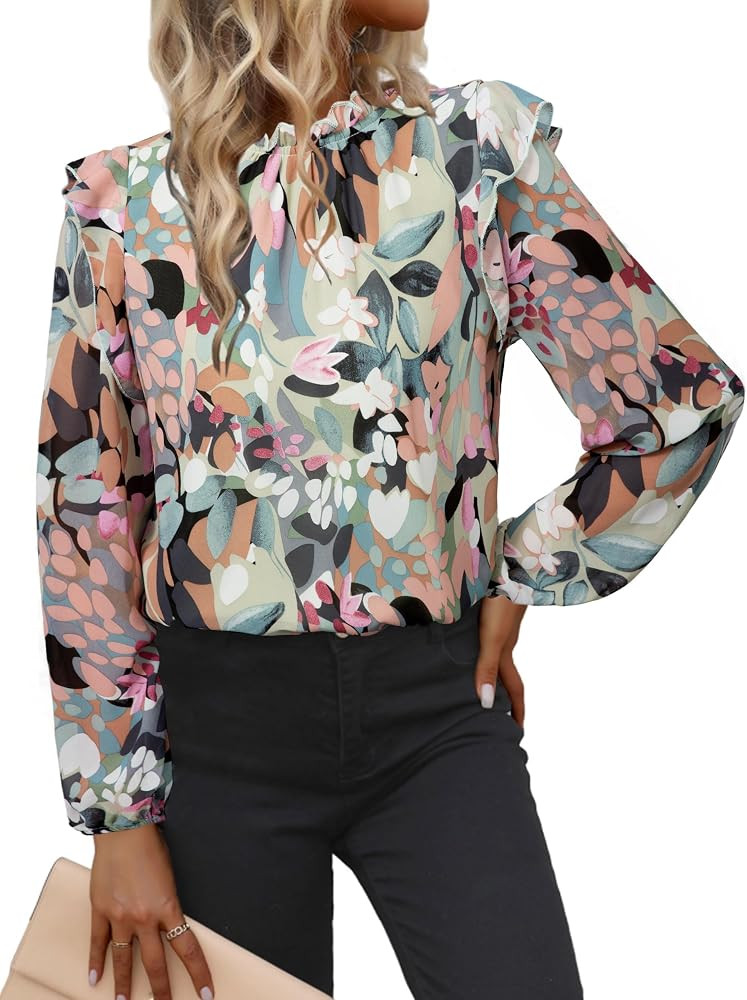 Simplee Womens Floral Boho Tops Trendy Ruffle Long Sleeve Blouses Fall Dressy Mock Neck Loose Cas... | Amazon (US)