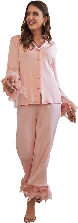 WDIRARA Women's Sleepwear 2 Piece Fuzzy Trim Button Down Long Sleeve and Pants Pj Set | Amazon (US)