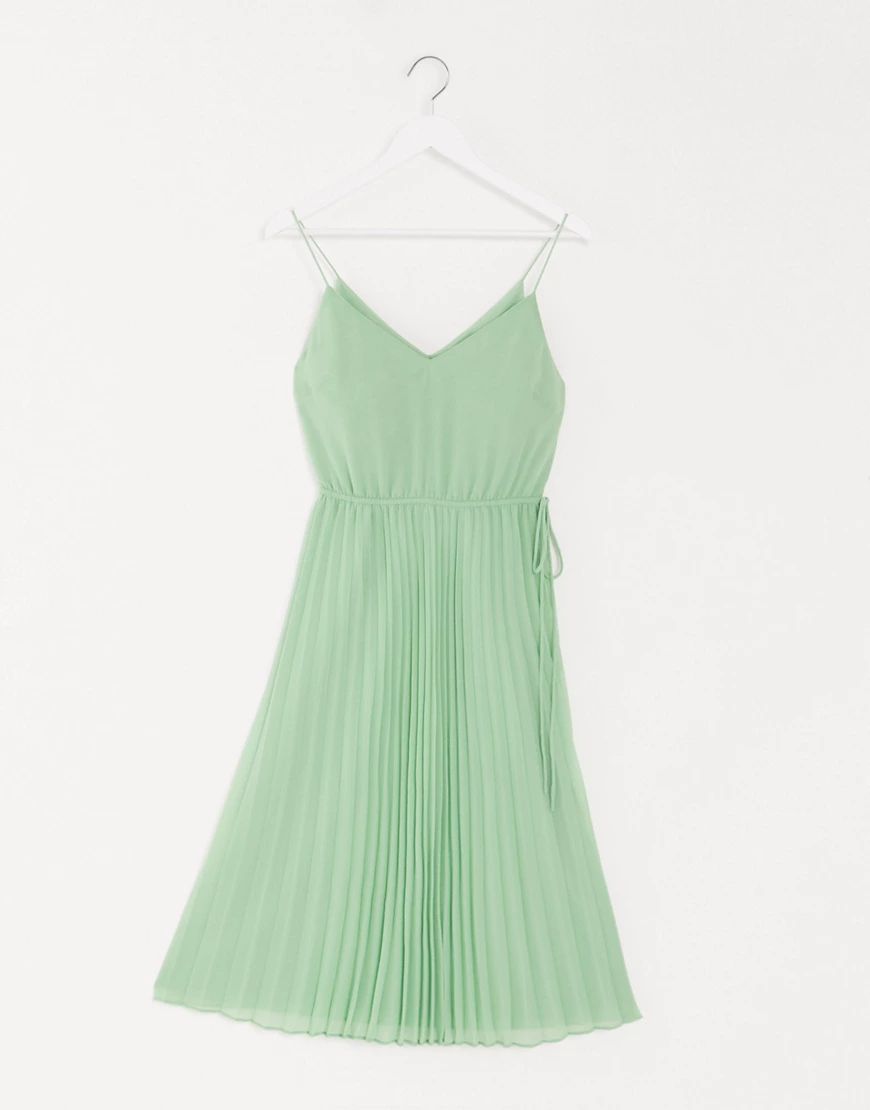 ASOS DESIGN pleated cami midi dress with drawstring waist in sage green | ASOS (Global)