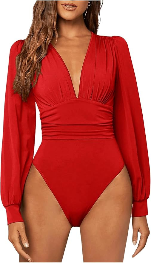 GORGLITTER Women's Sexy Ruched Deep V Neck Long Sleeve Bodysuit Plunging Neckline Leotard Shirts | Amazon (US)