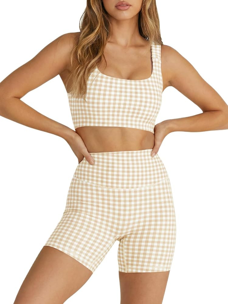 Womens Workout Gingham 2 Piece Outfits Padded Crop Tank Sports Shorts Sets | Amazon (US)