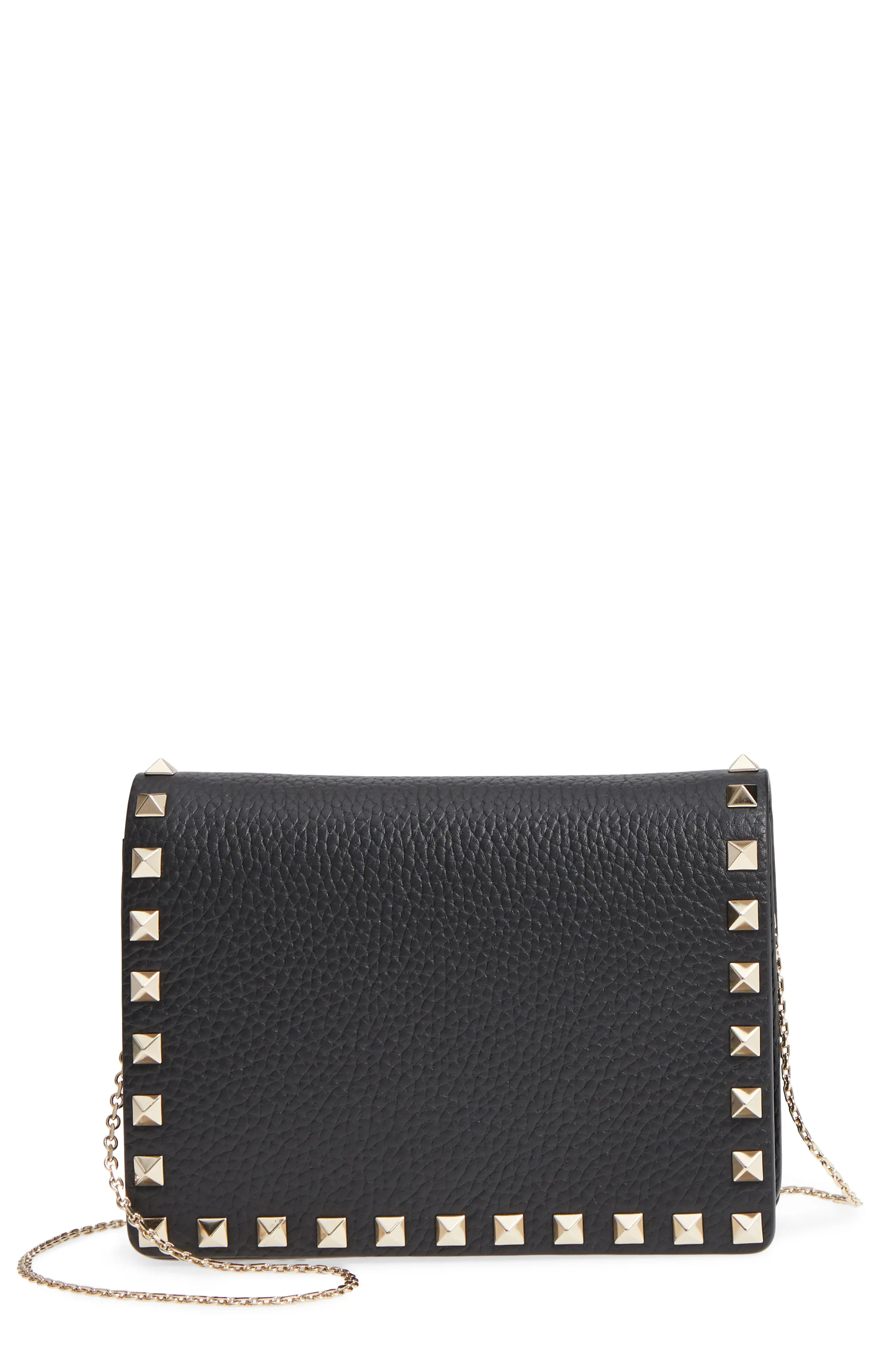 Women's Valentino Garavani Rockstud Leather Pouch Wallet On A Chain - Black | Nordstrom