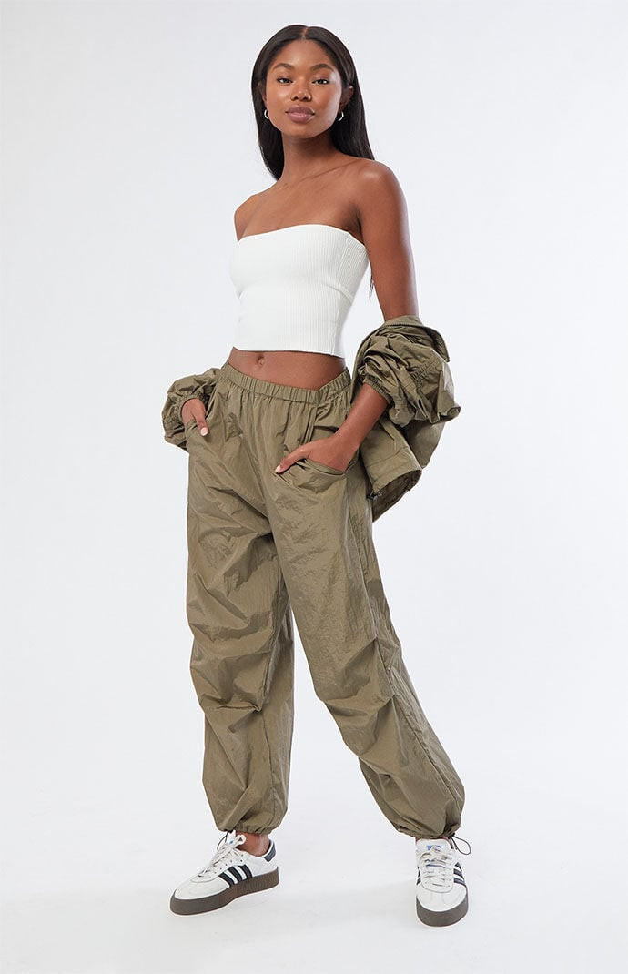 Women's Ruched Shine Baggy Pants in Olive - Size Small | PacSun