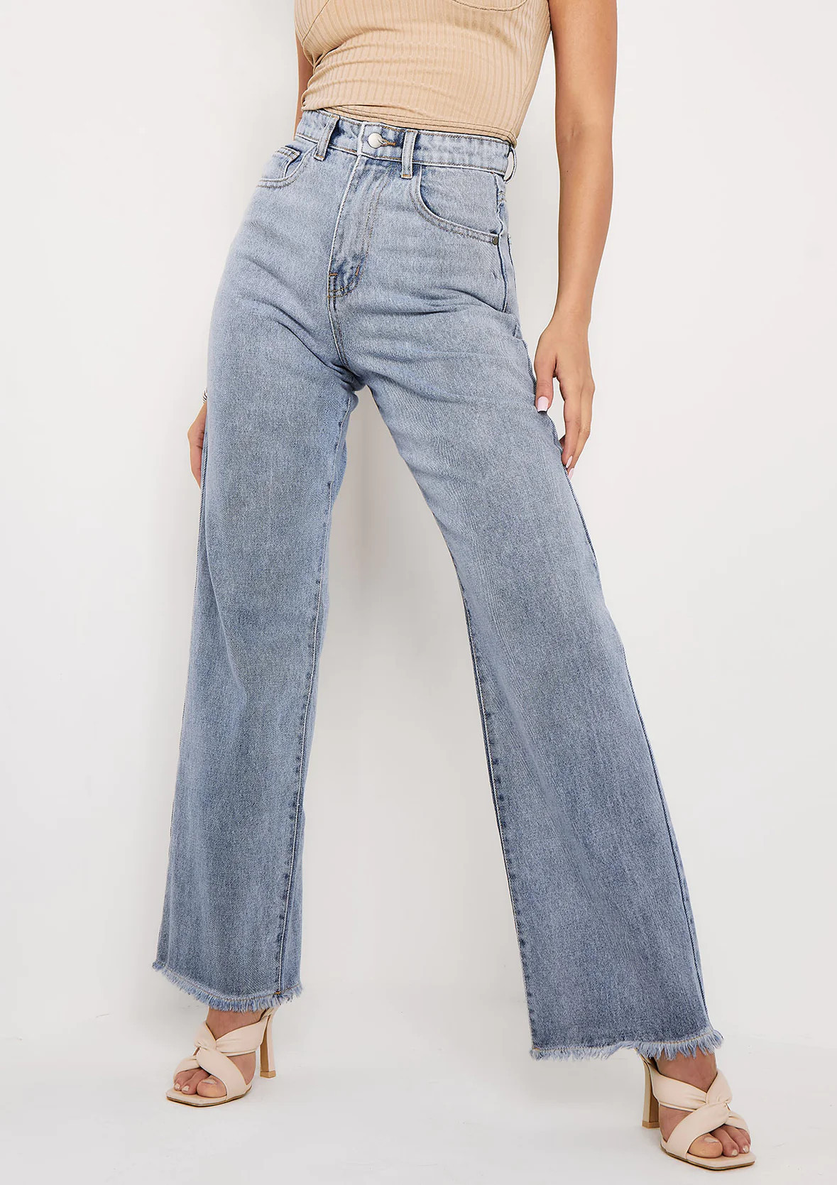 Phoebe Denim Light Wash Frayed Raw Hem Jeans | Missy Empire (UK)