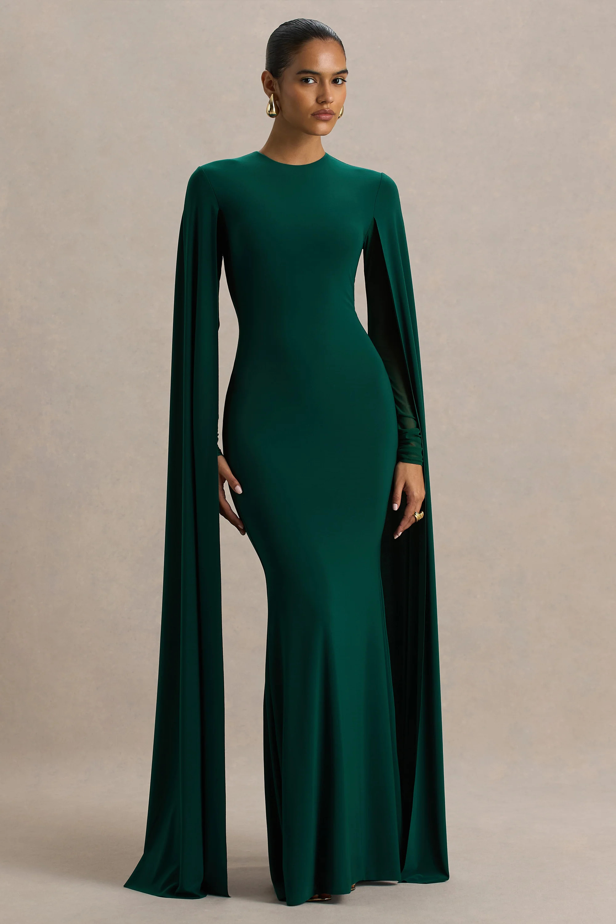 Isla | Bottle Green Crew-Neck Maxi Dress With Cape Sleeve | Club L London