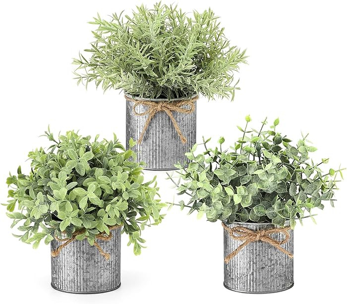 Mkono Small Fake Plants in Farmhouse Galvanized Metal Pots 3 Pack Potted Artificial Plant Eucalyp... | Amazon (US)