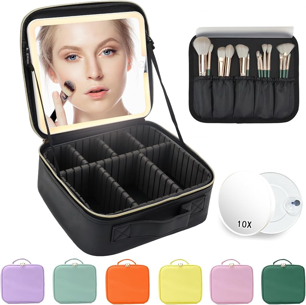 Makeup Bag with Mirror,with Mirror 3 Color Setting and Detachable 10x Magnifying Mirror Large Van... | Amazon (US)